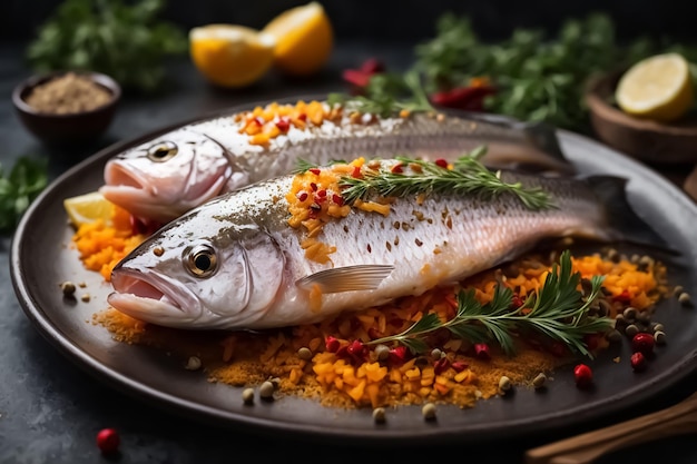 frischer Fisch mit Gewürzen vor dem Kochen