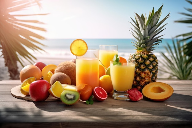 Frischer Fruchtsaft auf Meer- und Strandhintergrund Gesundes Getränk reich an Vitaminen Generative Ai