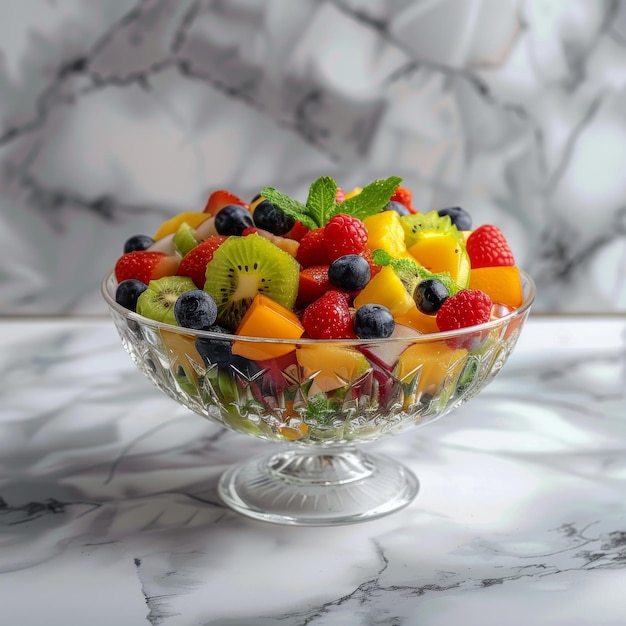 Frischer Fruchtsalat in einer Glaskristallschüssel auf Marmorgrund