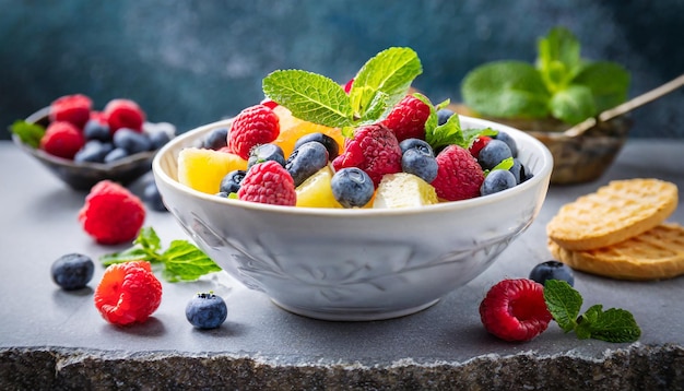 Frischer Fruchtsalat in einer Schüssel mit Himbeeren und Blaubeeren