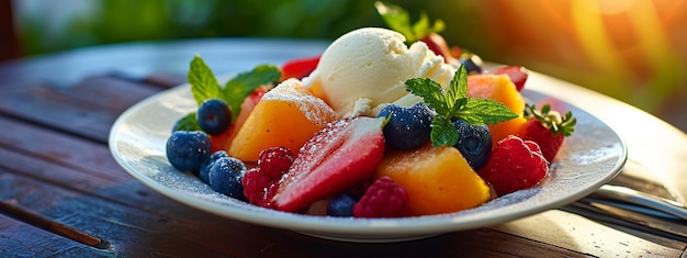 frischer Fruchtsalat und Eis vor dem Hintergrund der Natur