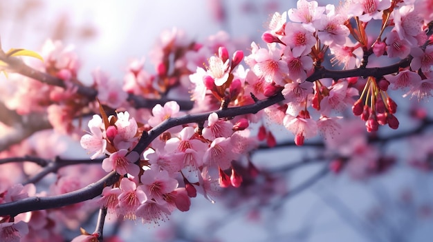 Frischer Frühlingsblütenzweig rosa und lila