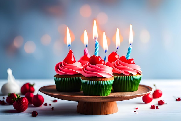 Frischer Geburtstags-Cupcake mit brennenden Kerzen auf weißem Hintergrund