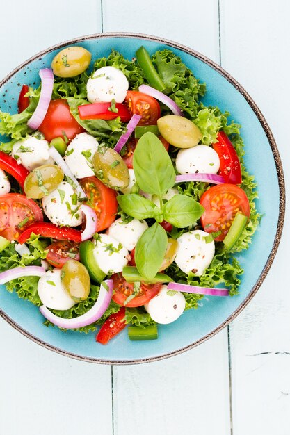 Frischer Gemüsesalat. Caprese. Capresesalat. Italienischer Salat. Mediterraner Salat. Italienische Küche.