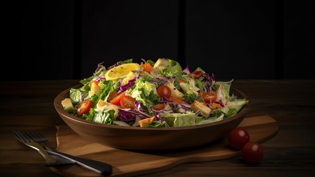 Frischer Gemüsesalat in einer gesunden Ernährung auf einem Holzteller