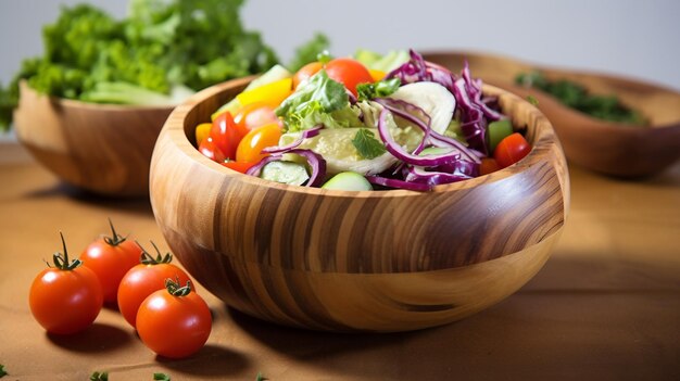 Frischer Gemüsesalat in einer Holzschüssel auf einem Holztisch Gesundes Lebensmittelkonzept