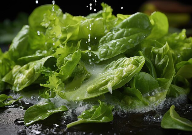 Frischer Gemüsesalat und Speisen mit Wasserspritzern schwimmen auf einem Teller mit dunklem Studiohintergrund AI Generative