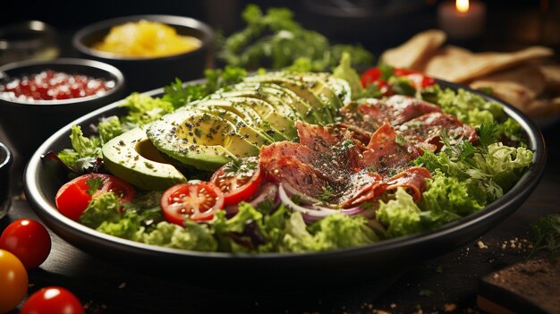 Foto frischer gourmet-salat mit fleisch, avocado und guacamole-dip