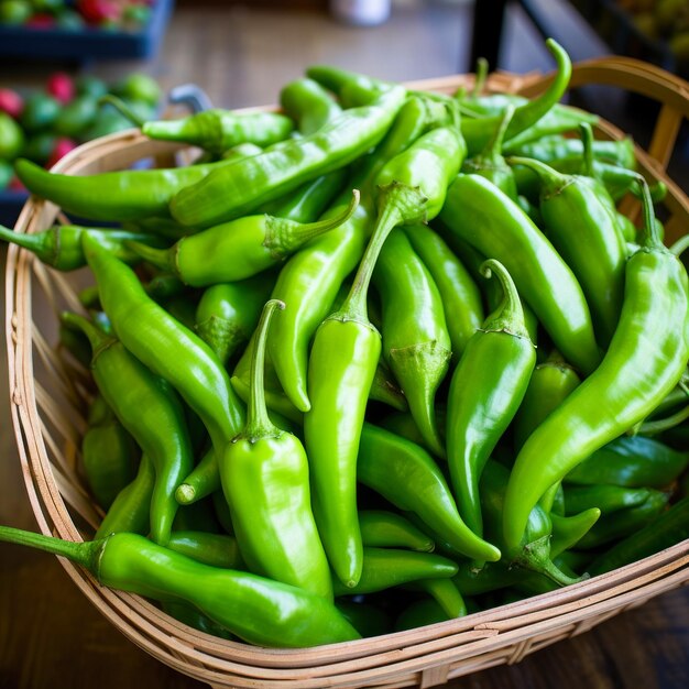 Frischer grüner Chilli in einem Holzkorb