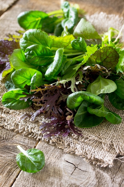 Frischer grüner gemischter Salat auf einem Holztisch