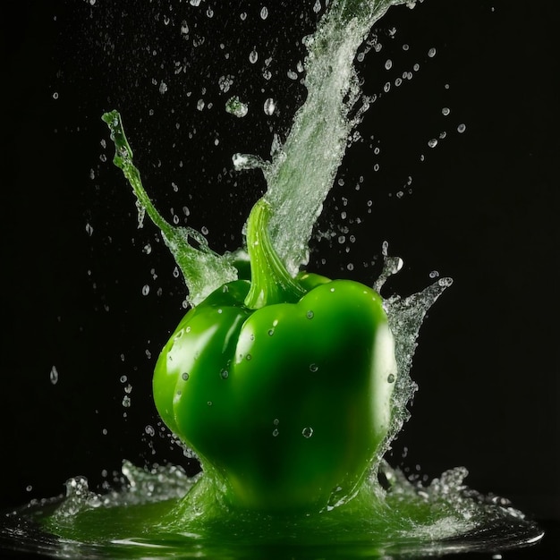 Frischer grüner Pfeffer fällt mit einem Spritzer und einer Luftblase ins Wasser