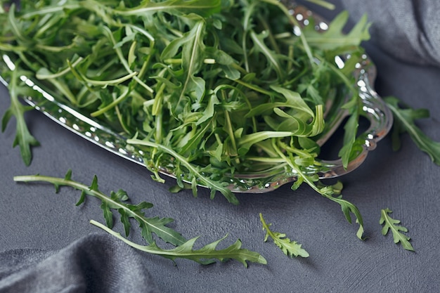 Frischer grüner Rucola auf einem silbernen Teller auf dunkelgrauem Hintergrund. Nahaufnahme von frischem grünem gesundem Essen.