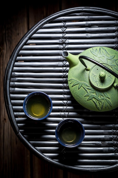 Frischer grüner Tee mit Teekanne auf schwarzem Bambustisch