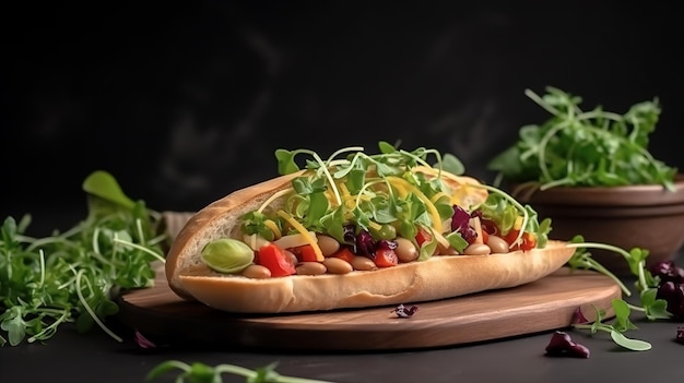 Frischer Hotdog mit Gemüse und Kräutern. Hotdog mit Bohnen und Microgreens. KI-generiert