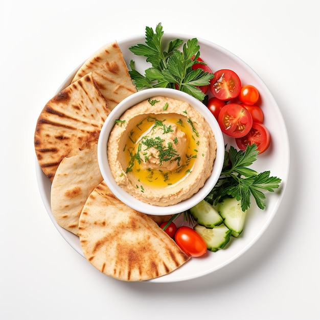 Frischer Hummus mit Pita-Brot, Tomaten und Petersilie auf einem rustikalen Teller, isolierter weißer Hintergrund