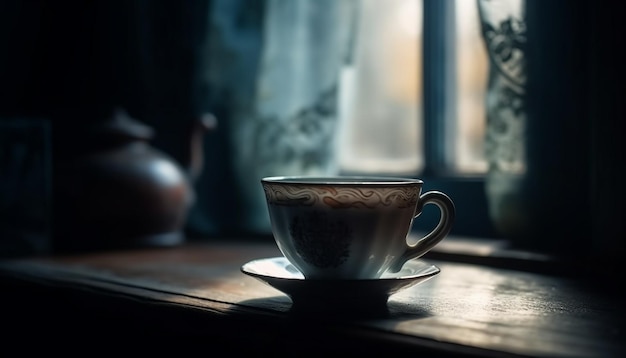 Frischer Kaffee in rustikaler Tasse auf Holztisch, generiert von KI