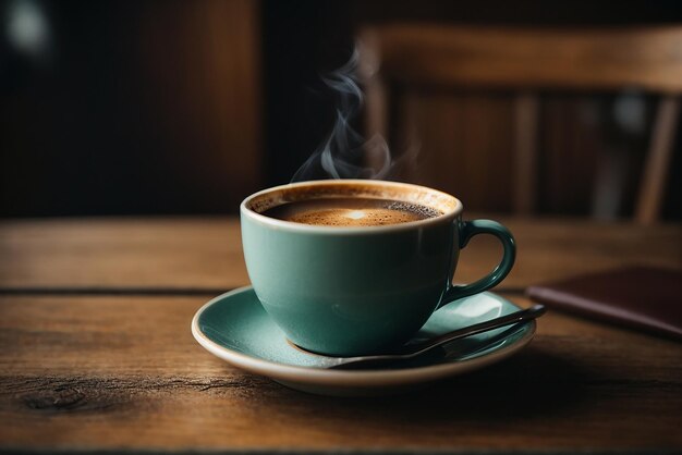 Foto frischer kaffeedampf auf einem hölzernen tisch