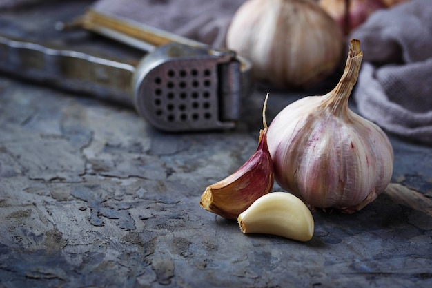 Frischer Knoblauch auf konkretem Hintergrund. Selektiver Fokus