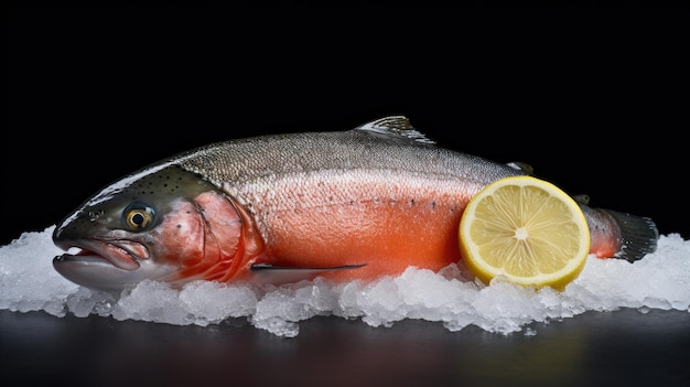 Foto frischer lachs mit zitrone auf eis lachs generative ai