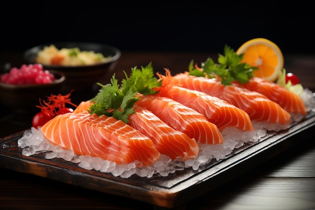 frischer Lachs-Sashimi japanischer Speise-Stil auf Holz-Hintergrund