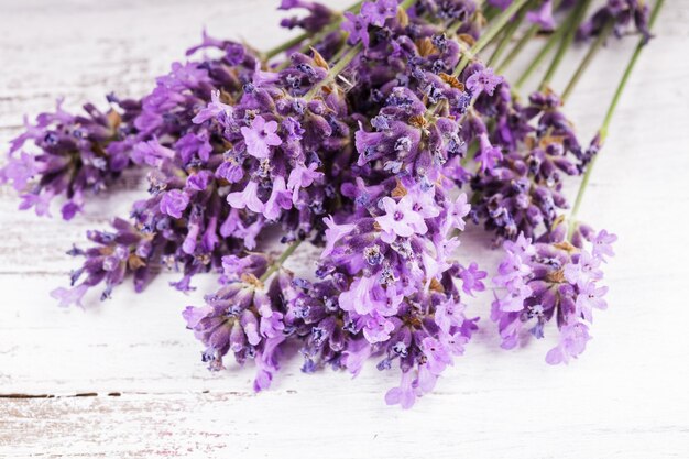 Frischer Lavendel auf dem weißen schäbigen Holztisch