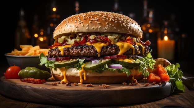 Frischer lecker Burger auf dunklem Hintergrund