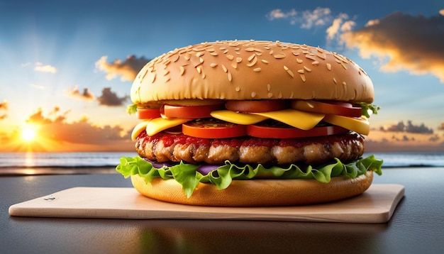 Frischer lecker Burger mit Käse und Tomaten auf einem Naturhintergrund Generative KI