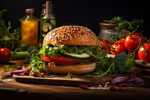 Frischer, lecker hausgemachter Hamburger mit frischem Gemüse
