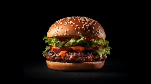 Frischer, leckerer Burger auf schwarzem Hintergrund AI Generative