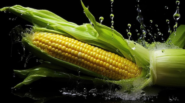 Frischer Mais, der Wasserspritzern auf schwarzem und verschwommenem Hintergrund ausgesetzt ist