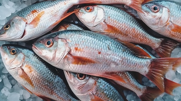Frischer Meeresfisch in lebendiger Draufsicht auf dem Fischmarkt. Generative KI