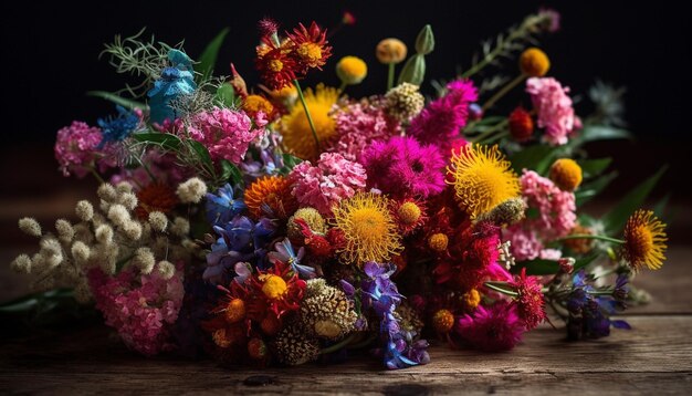 Frischer mehrfarbiger Blumenstrauß aus Sommerblumen auf einer von künstlicher Intelligenz erzeugten Holztischdekoration