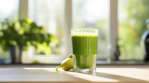 Frischer morgendlicher grüner Saft in der sonnigen Küche