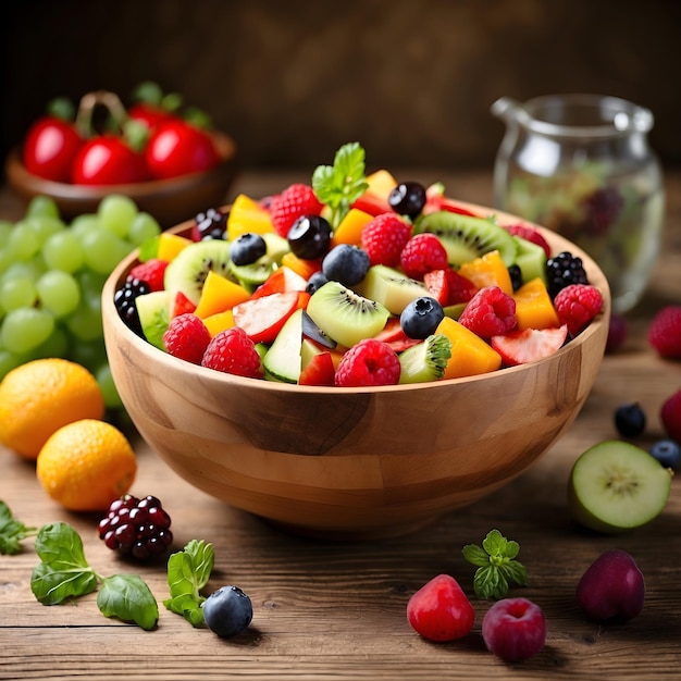 Frischer Obst- und Gemüsesalat auf Holztisch