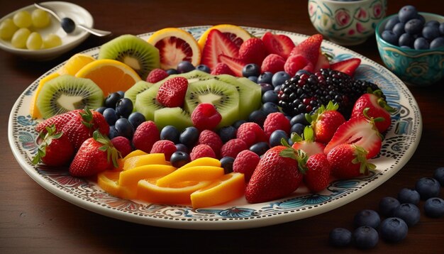 Frischer Obstsalat mit Blaubeere, Erdbeere, Himbeere und Kiwi, generiert durch künstliche Intelligenz