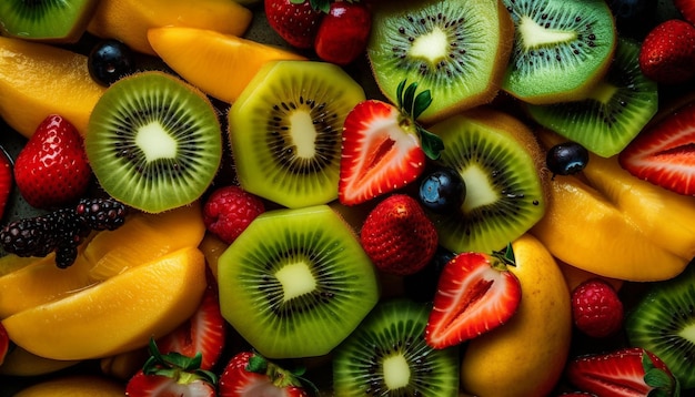 Frischer Obstsalat mit Kiwi-Erdbeere und Himbeere, generiert von KI