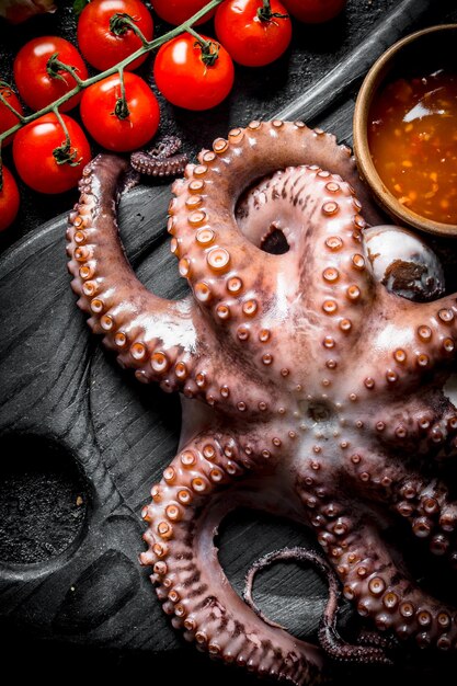 Foto frischer oktopus auf einem schneidebrett mit sauce und tomaten