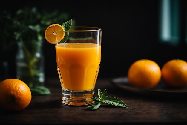 Frischer Orangensaft im Glas auf dunklem Hintergrund