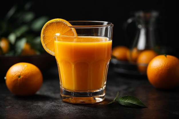 Frischer Orangensaft im Glas auf dunklem Hintergrund