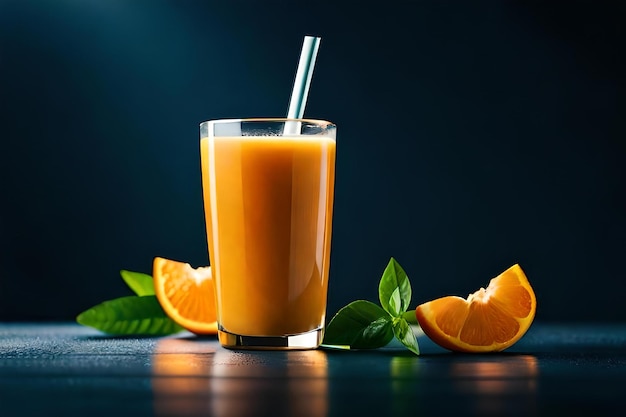 Frischer Orangensaft im Glas auf dunklem Hintergrund