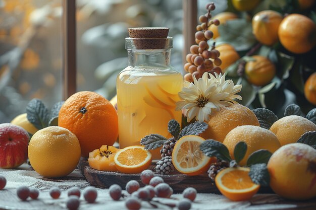 Frischer Orangensaft in einem Glaskrug mit frischen Früchten auf der Fensterbank