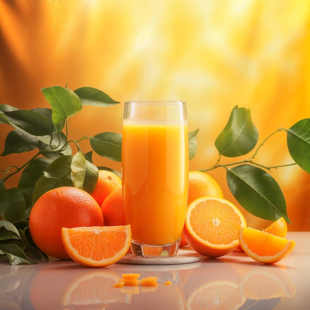 Foto frischer orangensaft und orangen vor sonnigem hintergrund