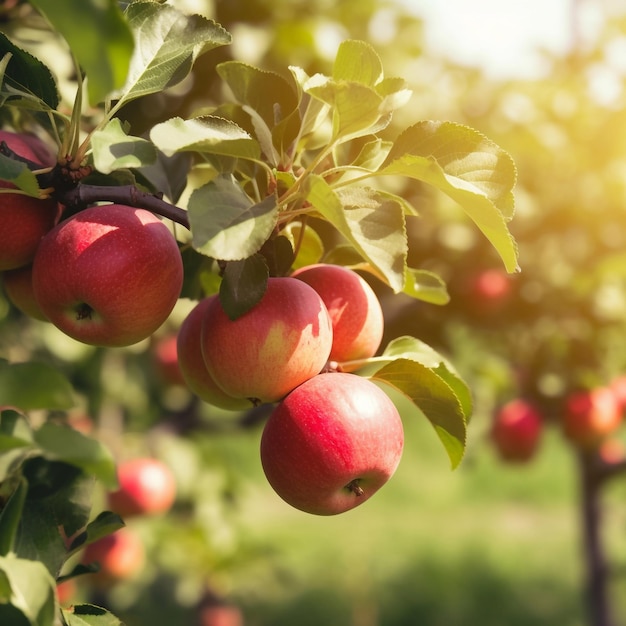 Frischer reifer Apfel auf einem Apfelbaumzweig im Garten aus nächster Nähe