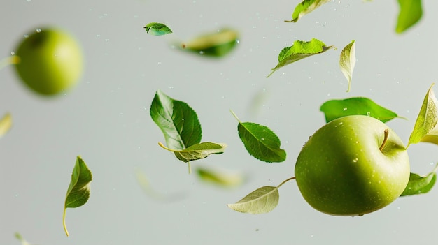 Frischer reifer grüner Apfel mit in die Luft fallenden Blättern, isoliert auf weißem Hintergrund, generiert Ai