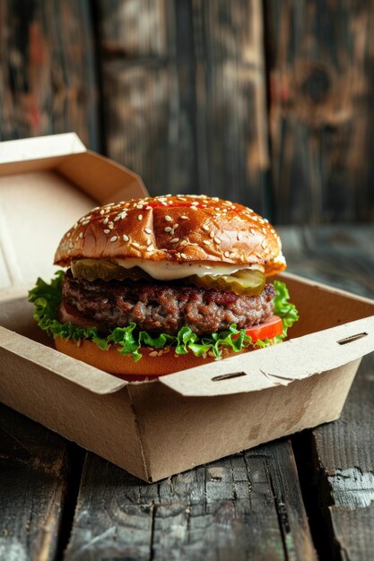 Foto frischer rindfleischburger in umweltfreundlicher verpackung auf einem holztisch