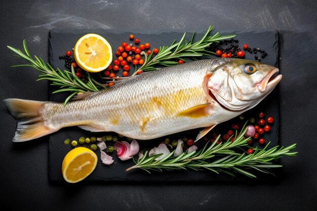 Frischer roher Fisch mit Rosmarin, Zitrone und Pfeffer auf schwarzem Hintergrund