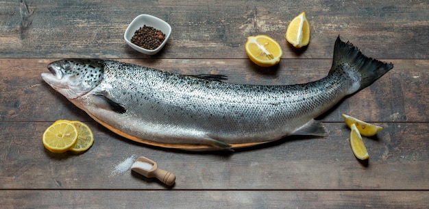 Frischer roher lachsroter Fisch mit Gewürzen, Salz, Zitrone, Pfeffer, Rosmarin auf dunklem Holzhintergrund. Seefisch, gesunde Ernährung, breites Banner, Draufsicht