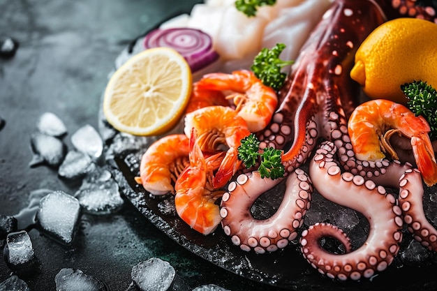 Frischer roher Oktopus auf Eis mit Fisch und Meeresfrüchten