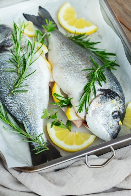 Frischer, roher, ungekochter Seedorado-Dorada-Fisch mit Zitronen-Rosmarin-Oregano-Kräuter-Olivenöl auf dem Küchentisch