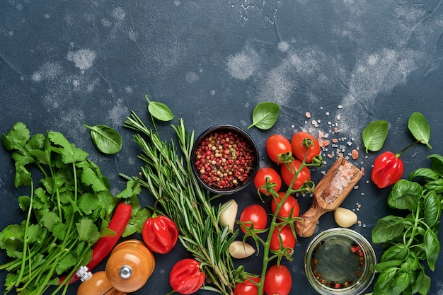 Frischer Rosmarin, Koriander, Basilikum, Kirschtomaten, Paprika und Olivenöl, Gewürze, Kräuter und Gemüse am schwarzen Schiefertisch.